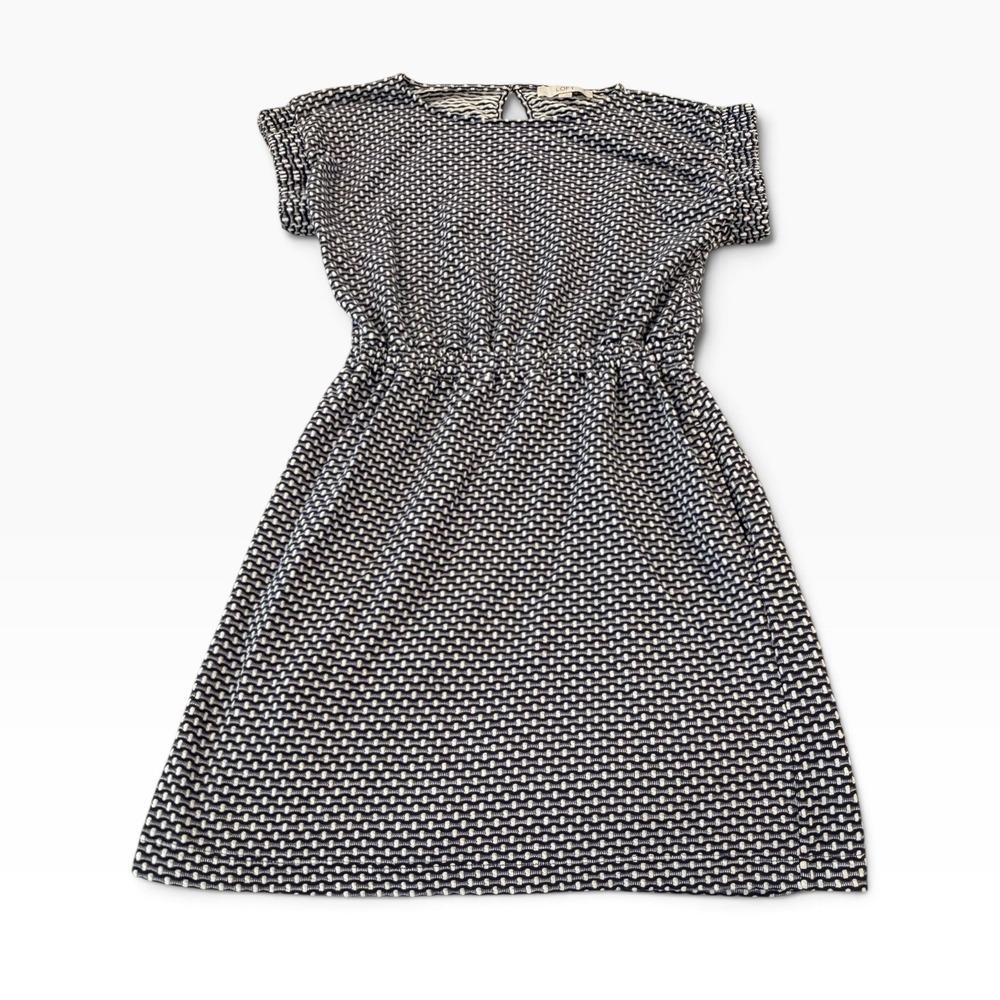 Loft Navy White Textured Knit Elastic Waist Short Sleeve Dress XS